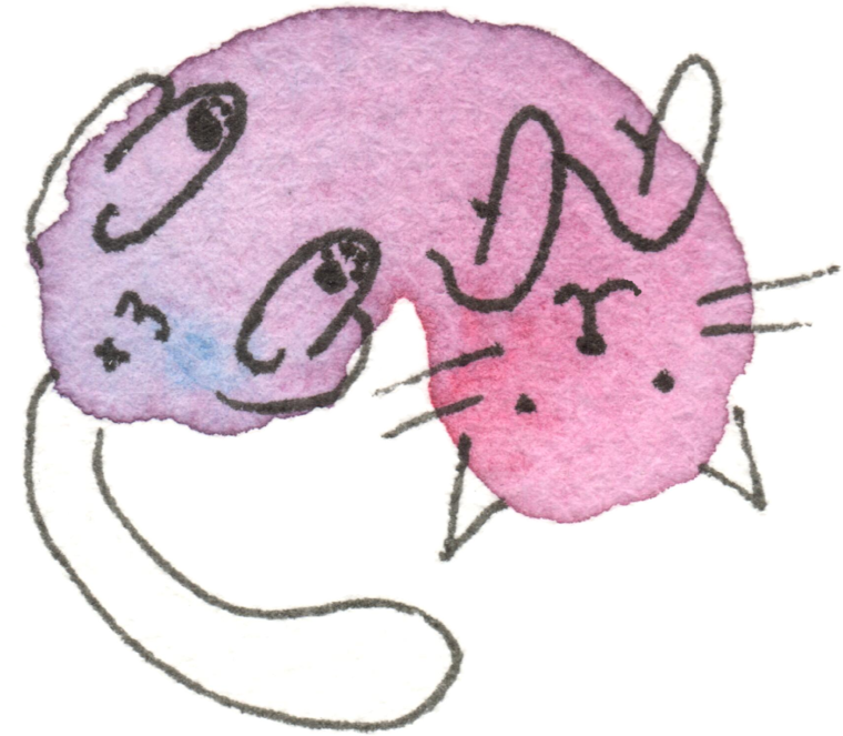 A cute cat playfully upside down on its back, paws curled, gazing at you; a lilac-and-pink watercolor splotch turned into a playful critter with ink.