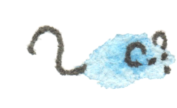 A tiny watercolor mouse in soft blue — a round ear, a dot for an eye, whiskers, and a long curly tail — resting quietly near the cat, the two of them at ease together.